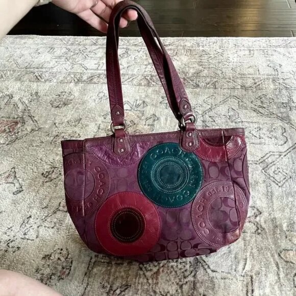Coach East West Circle Patchwork Zip Tote Shoulder Bag Purple Leather Canvas - Picture 6 of 12